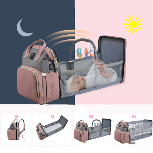 Insulated baby crib backpack, gray and mauve, open mesh side with clear viewing panel