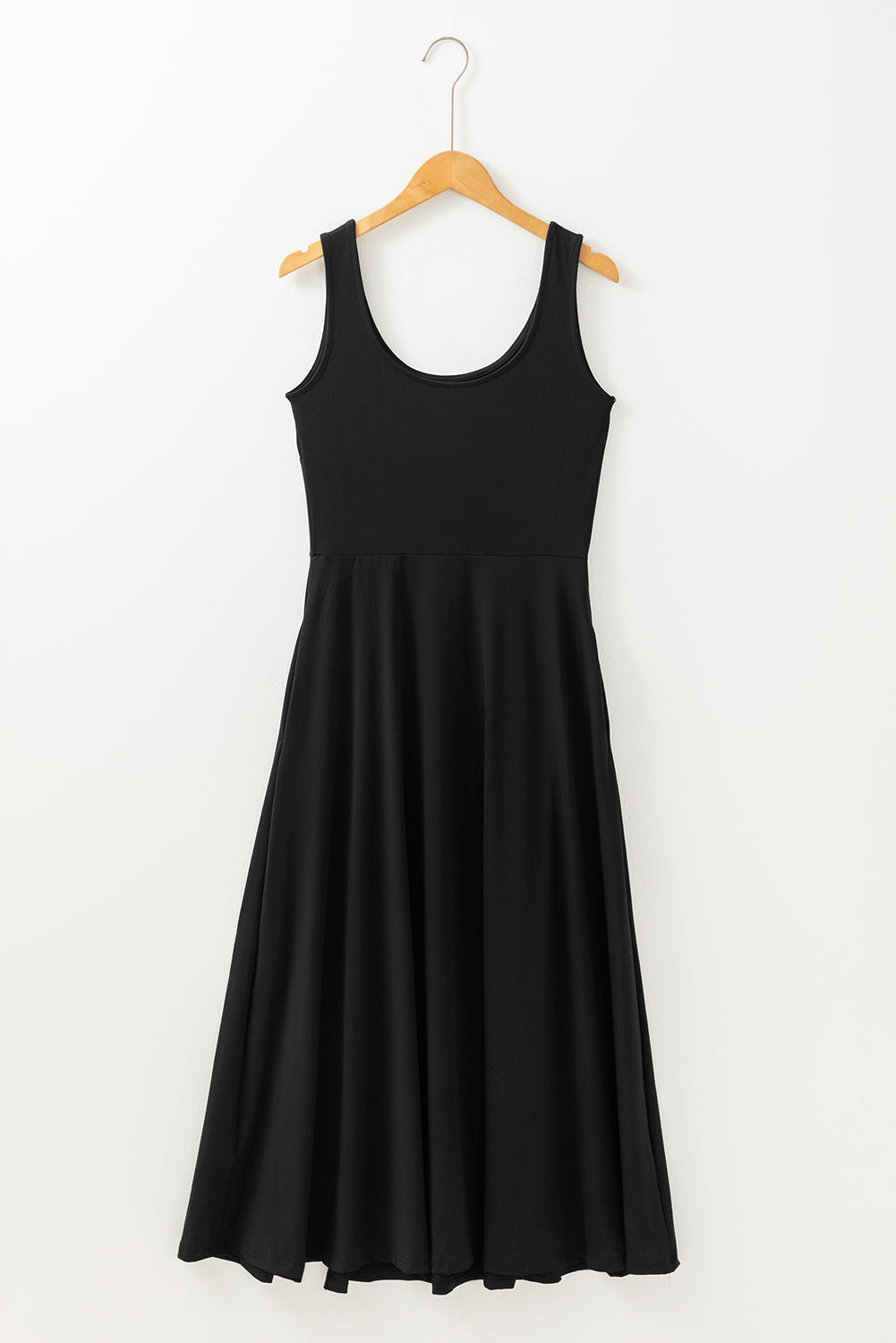 Black sleeveless flared midi dress on hanger with scoop neckline and gathered skirt