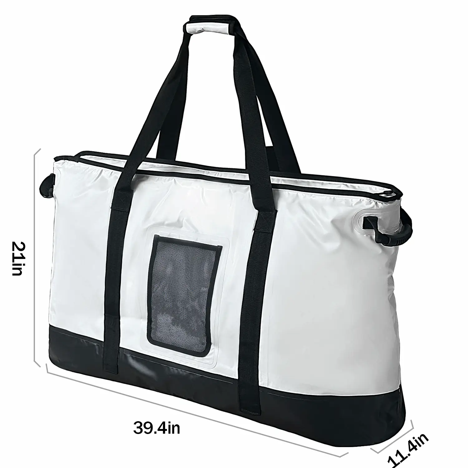 White fish cooler bag with black side base, front logo pocket, and carry handles