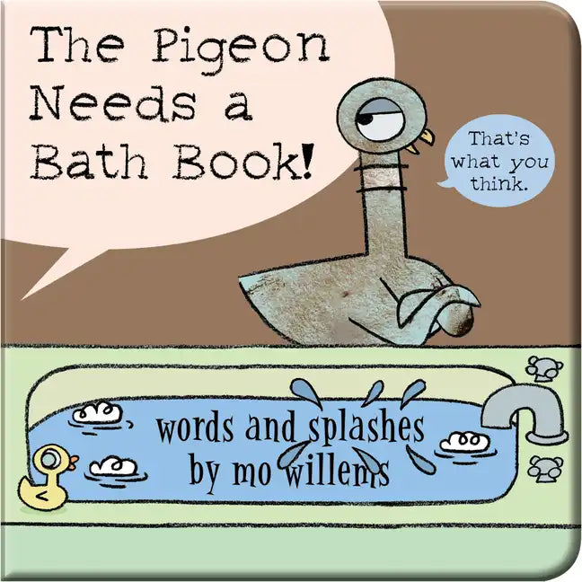 Vinyl-bound book cover with illustrated pigeon in a bath with playful splash graphics
