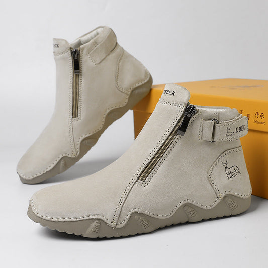 High-top ankle boots with side zipper, padded collar, and textured rubber sole.