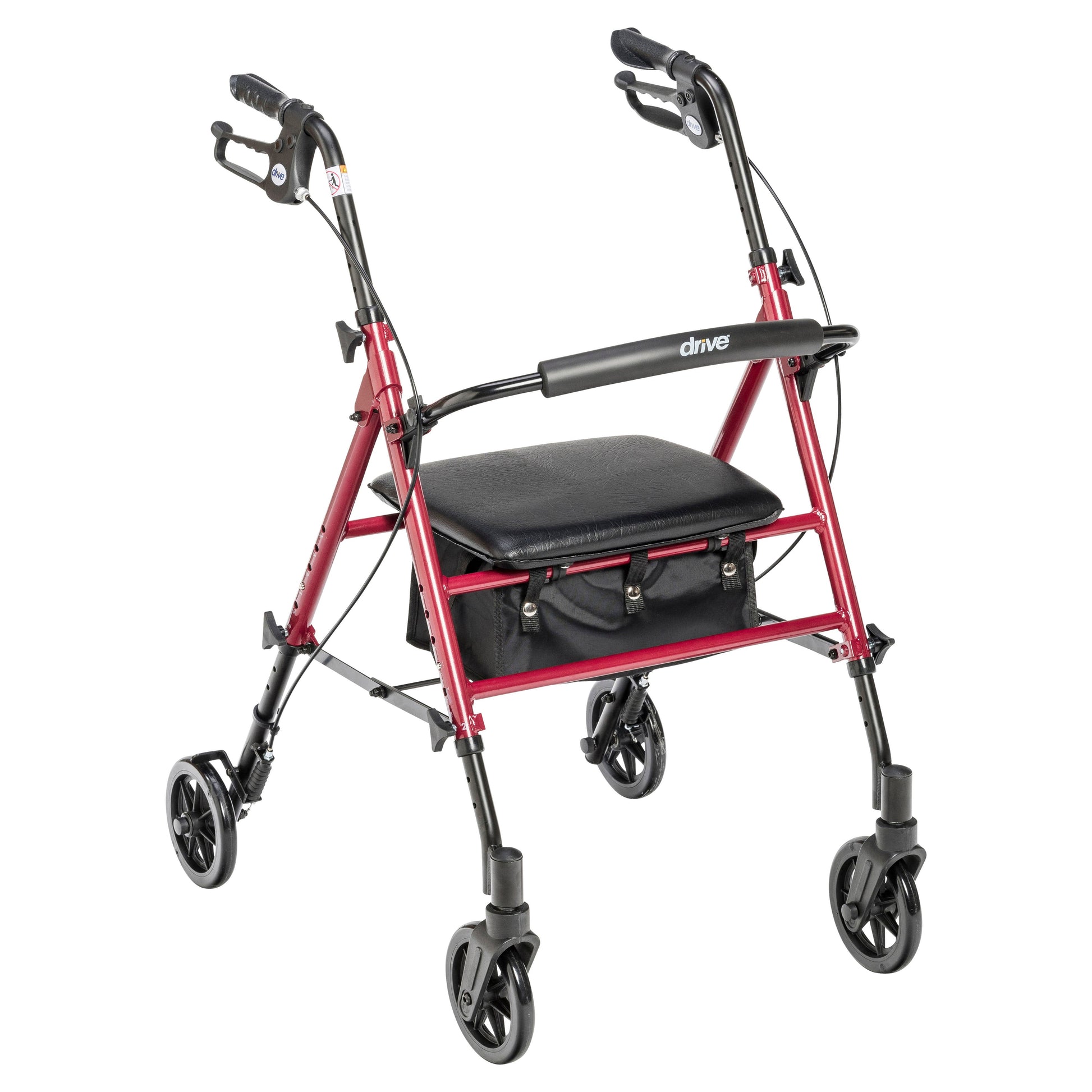 Red rollator rolling walker with 6-inch wheels, padded seat, and adjustable handles