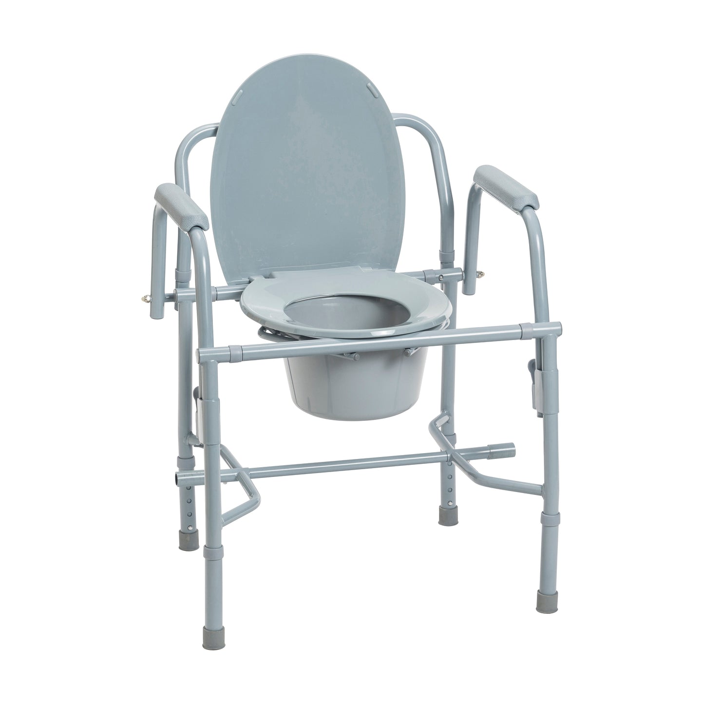 Steel bedside commode with drop arms and padded armrests, raised toilet seat