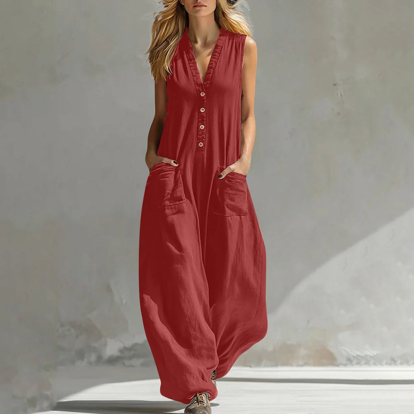 Red sleeveless wide-leg jumpsuit with V-neck button front and side pockets.