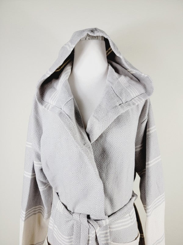 Gray unisex robe with hood and V neckline, tie belt, long sleeves, fringe trim