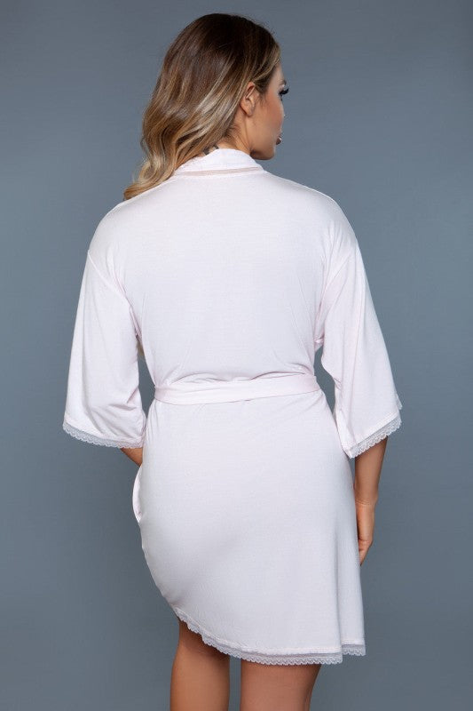 White wrap robe with tie waist and lace-trim sleeves, shown from the back