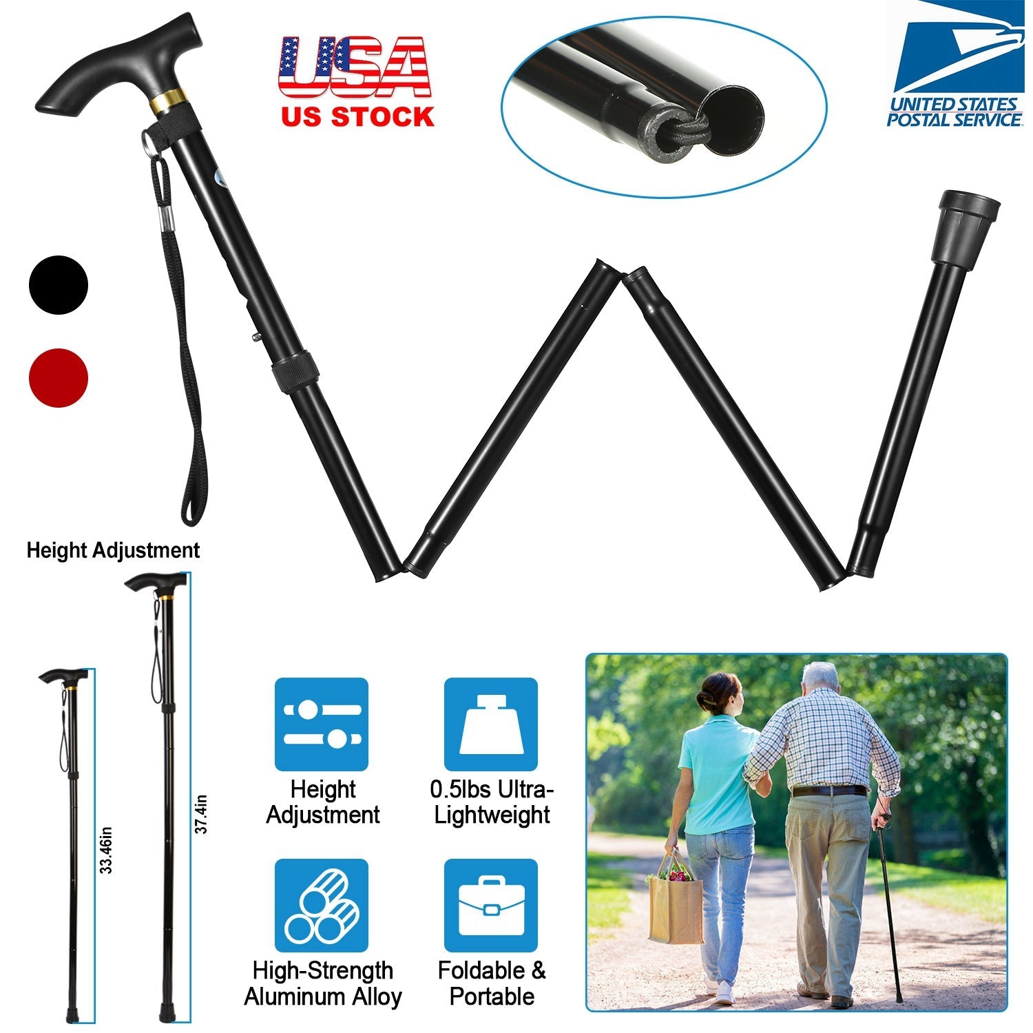 Folded black adjustable walking stick with anti-slip tip and height adjustment ring