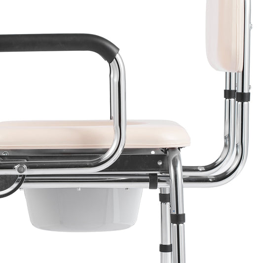 Adjustable commode chair side view with beige seat, steel frame, and black arm handle