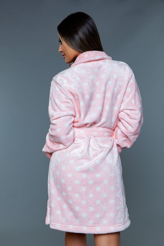 Pink Kaylee robe with dotted pattern, tie belt, long sleeves, back view.