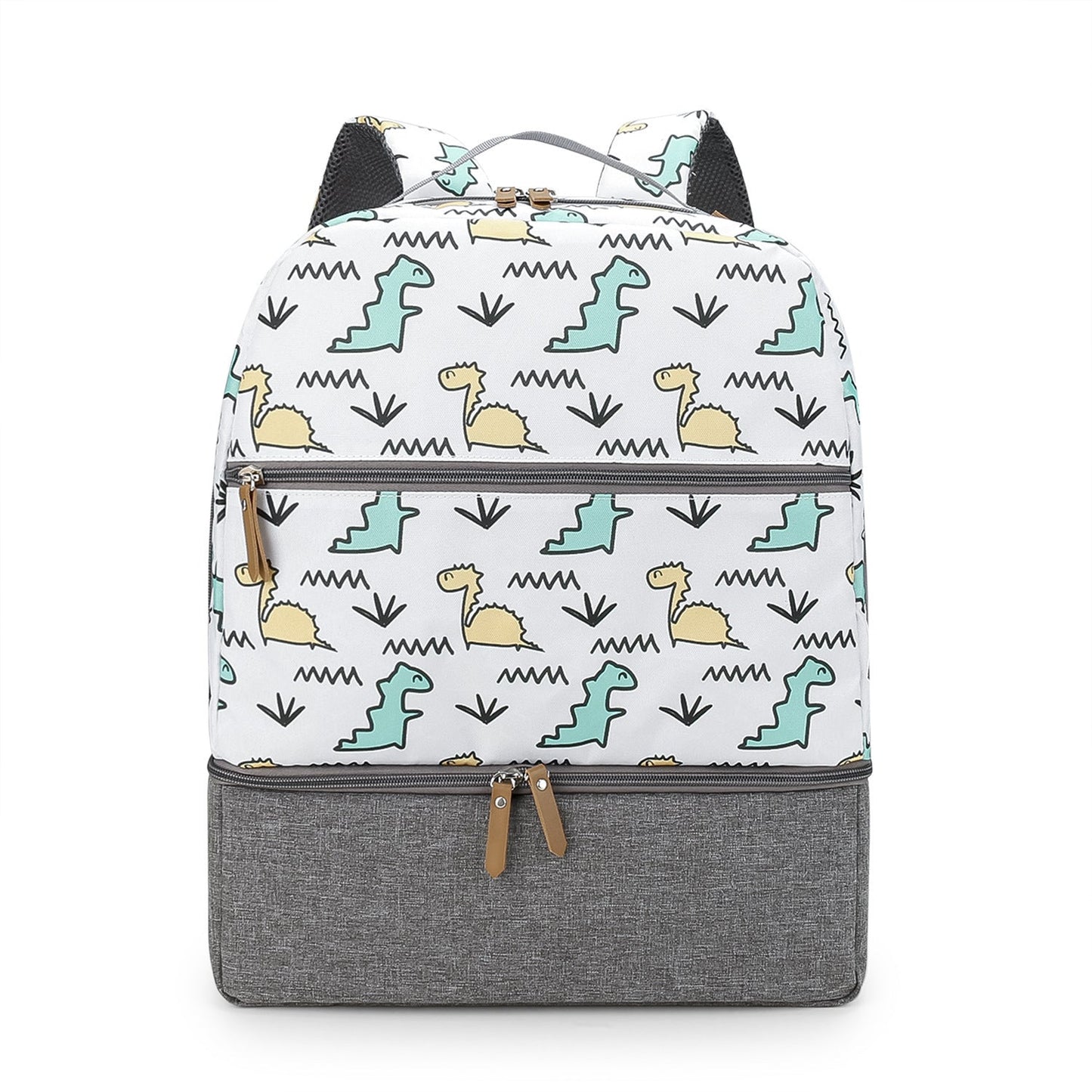 Gray and white insulated travel mummy bag with dinosaur print and front zipper pocket