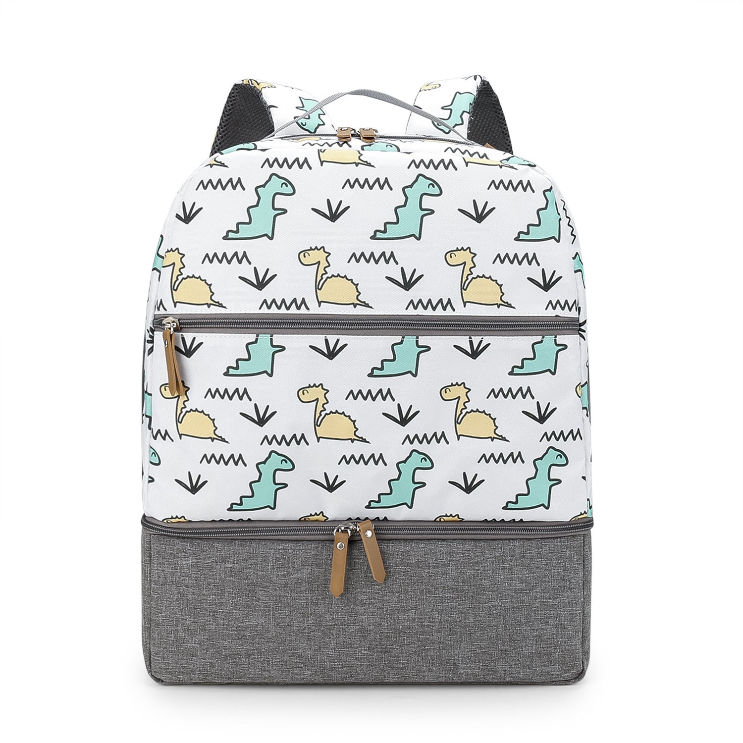 Gray and white insulated travel mummy bag with dinosaur print and front zipper pocket