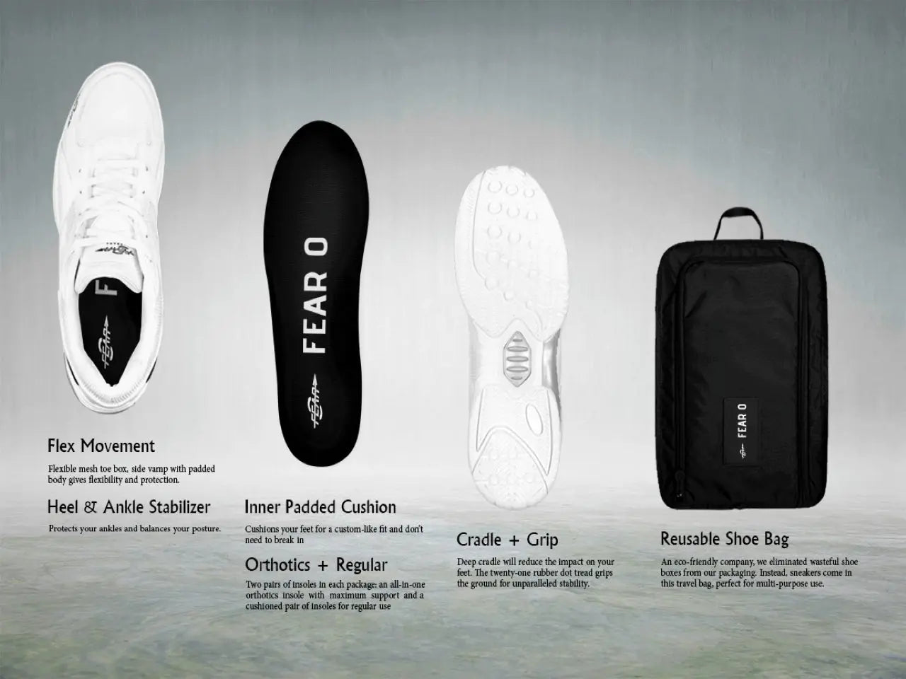 Black and white walking shoe parts: insole, outsole, and black reusable shoe bag