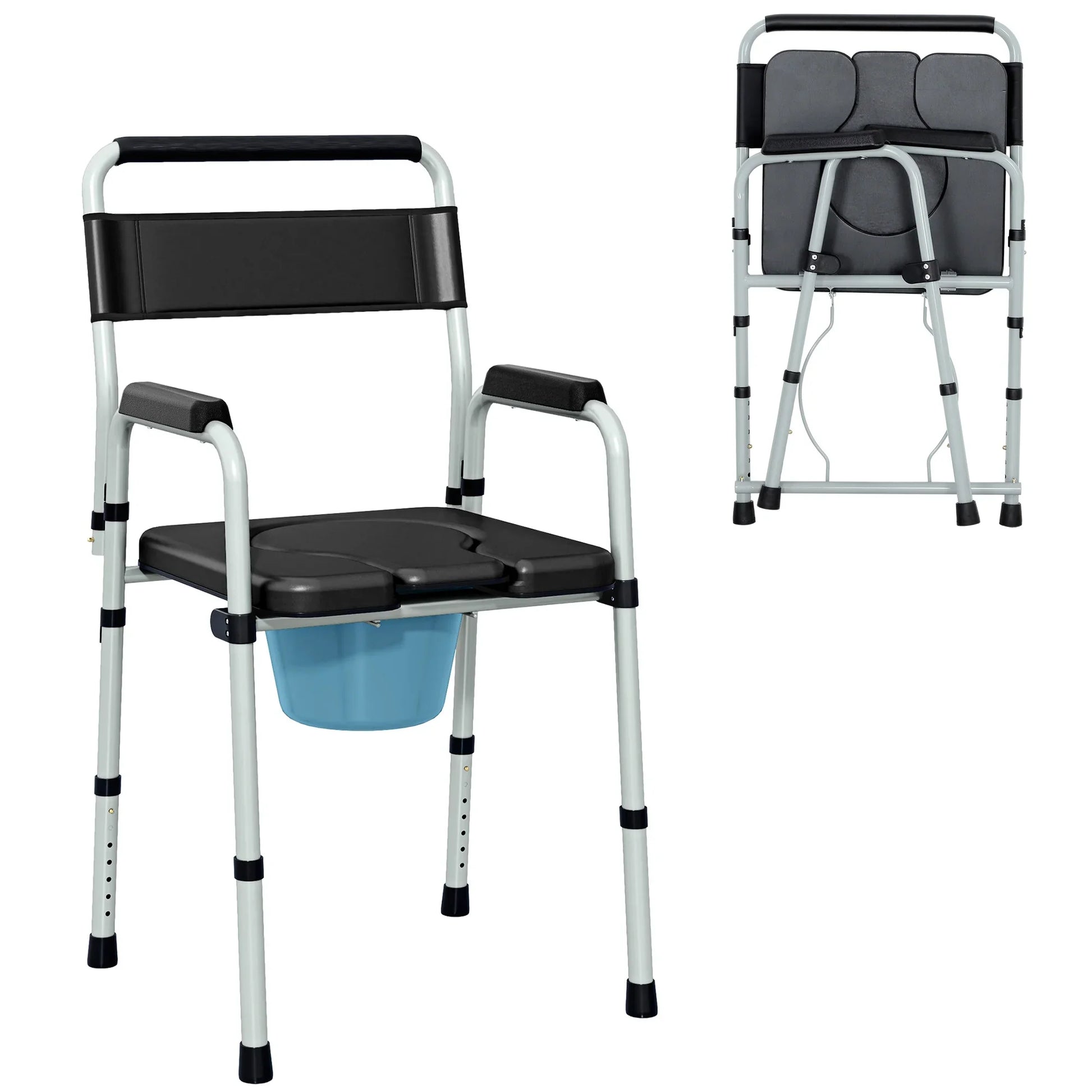 Adult commode chair with black seat cushion, armrests, and blue bucket under the seat