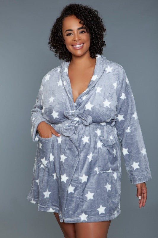Gray star-print robe with tie belt, shawl collar, long sleeves, and patch-style side pockets