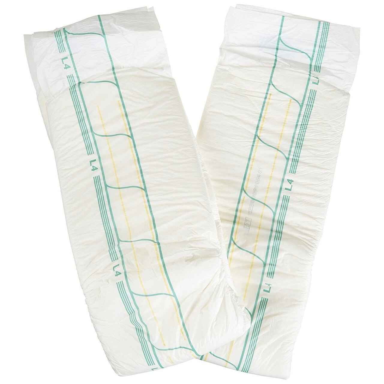 Level 4 adult diapers, two-pack view with green grid lines and tabs