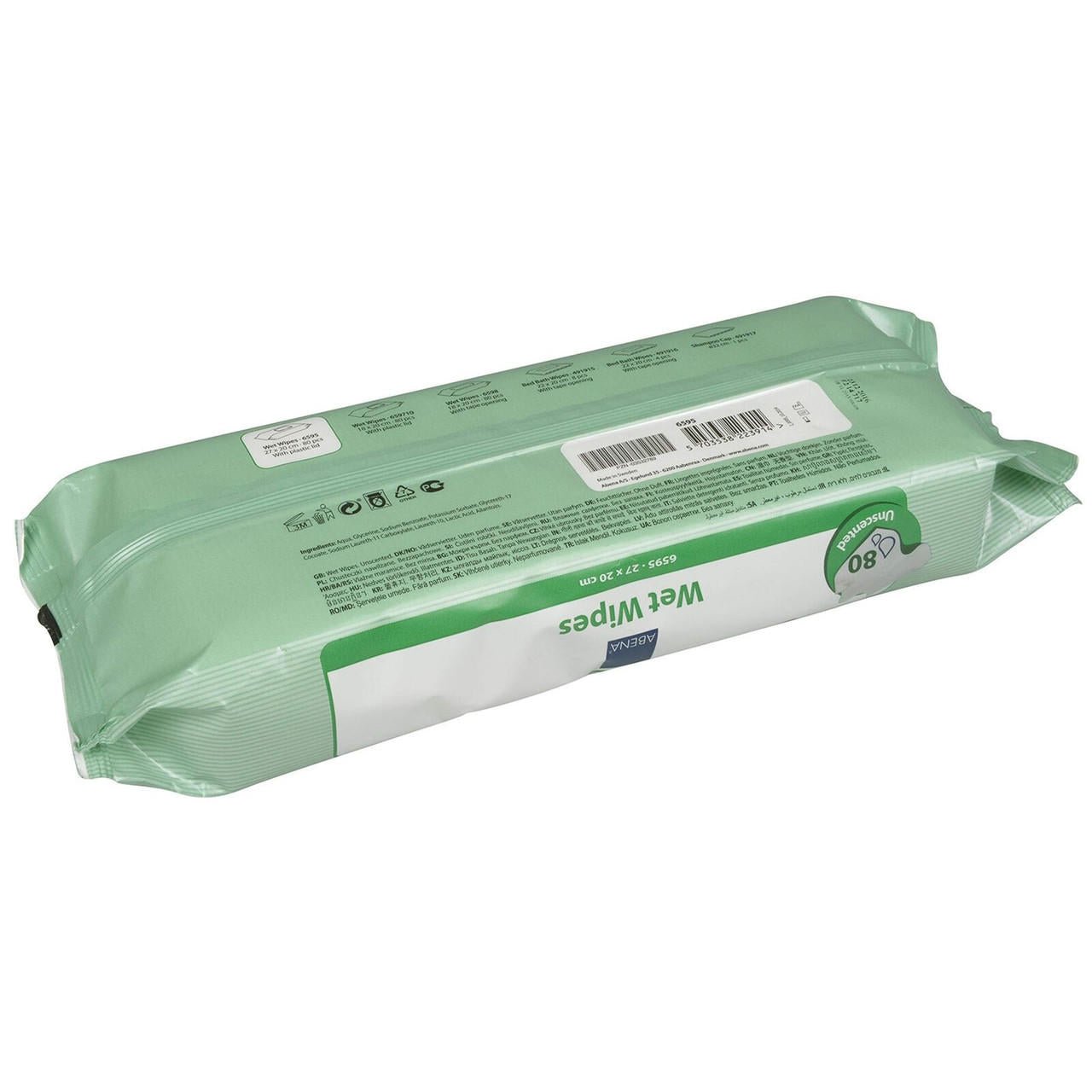 Wet Wipes 80-count, unscented; back side of pack with label