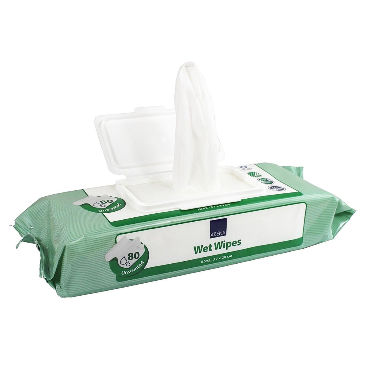 Wet Wipes 80-count, unscented; dispenser package with lid open