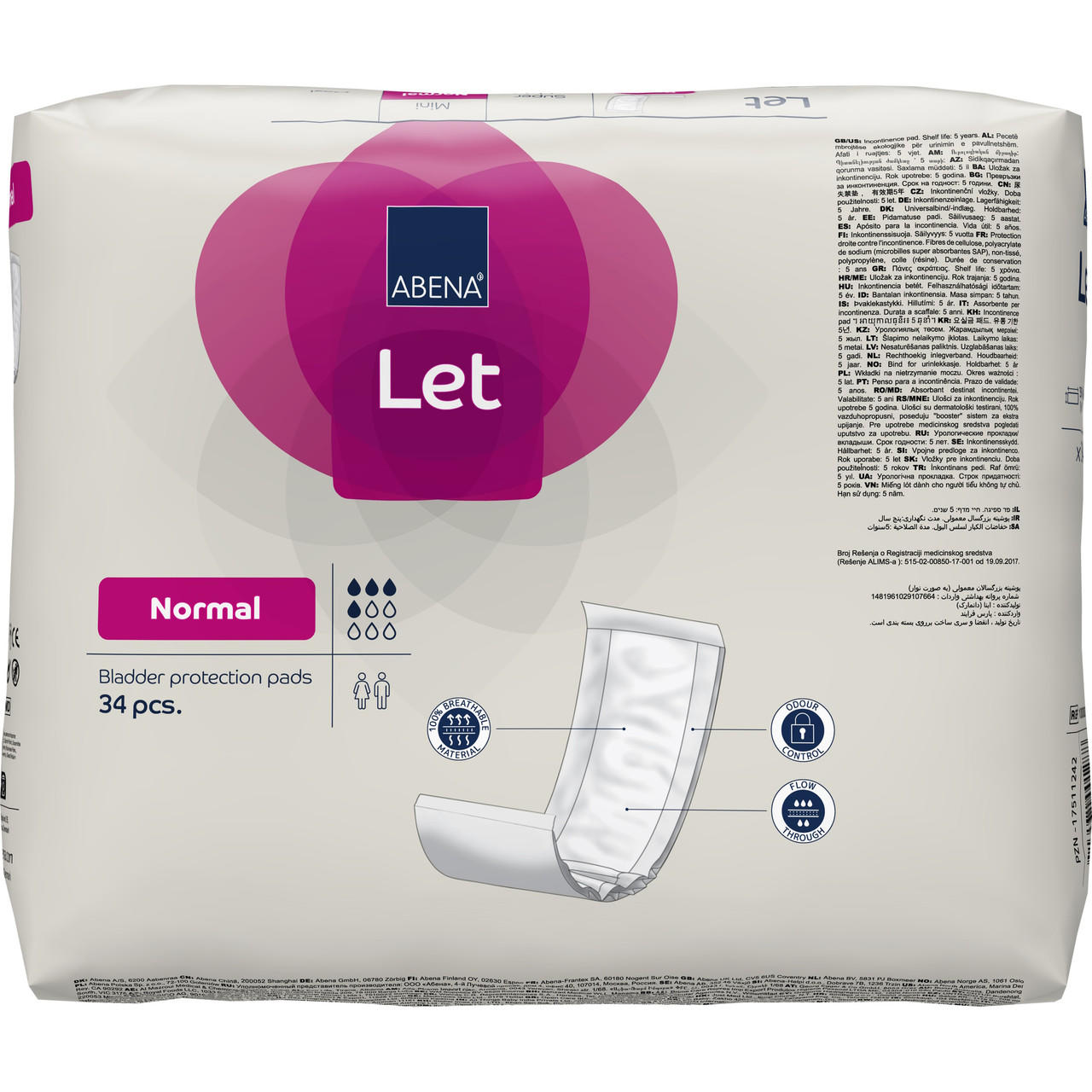 Abena Let Normal bladder protection pads, 34 pcs, product diagram and flow icons