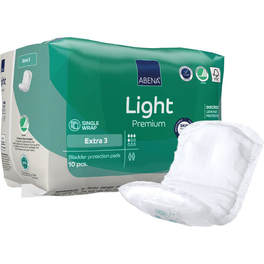 Extra 3 Light Premium bladder control pad pack, 10 white pads