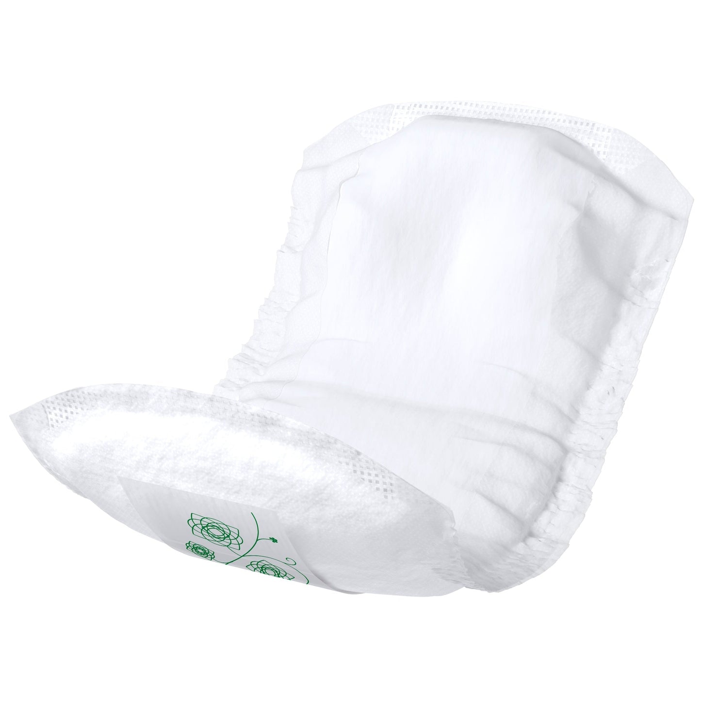 White bladder control pad with textured backing and layered absorbent core