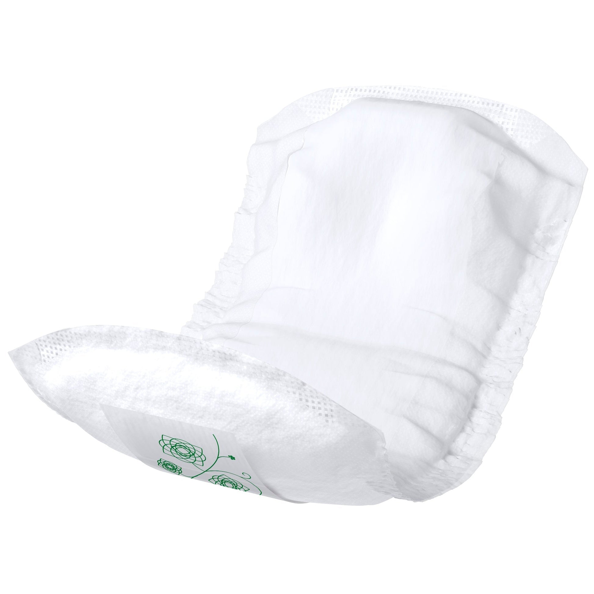 White bladder control pad with textured backing and layered absorbent core