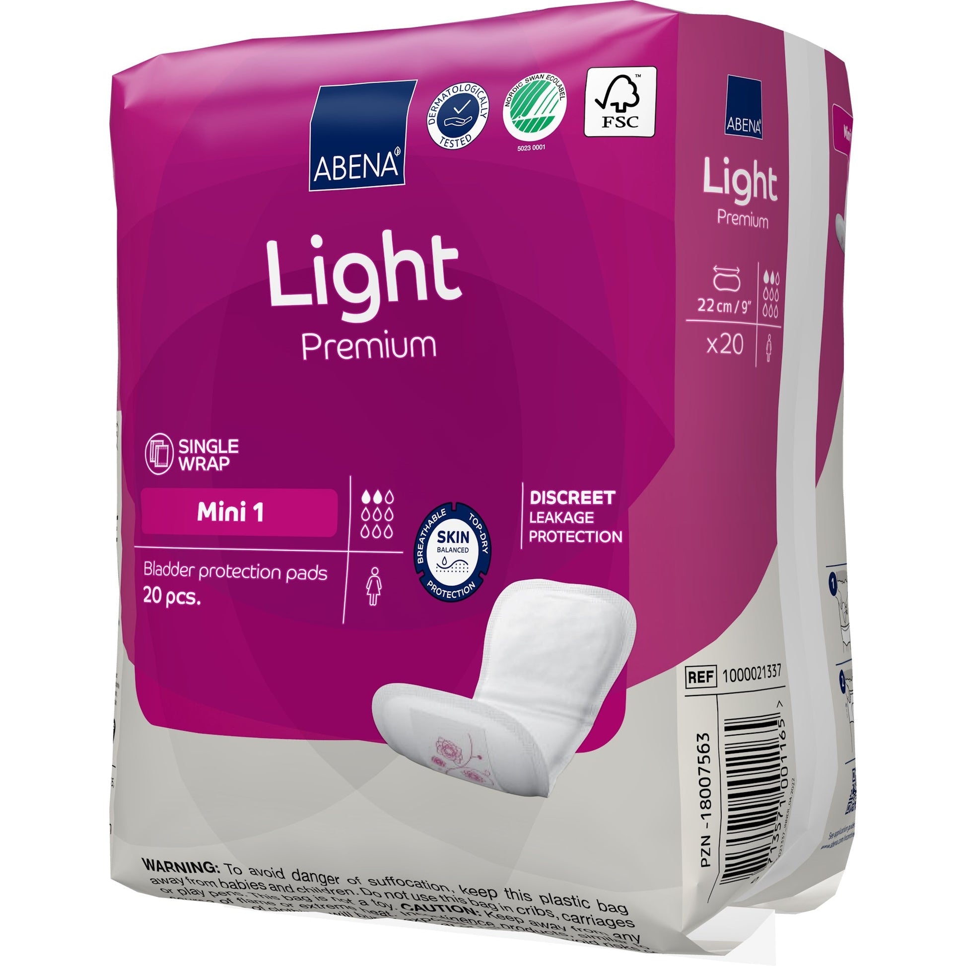 Light Premium Mini 1 bladder pads, 20 pcs, side of pack with x20 label