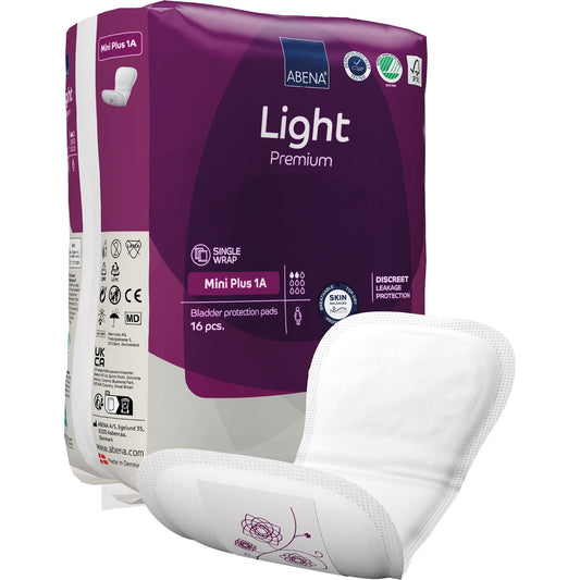 ABENA Light Premium Mini Plus 1A bladder pads, single wrap, 16 pcs in bag