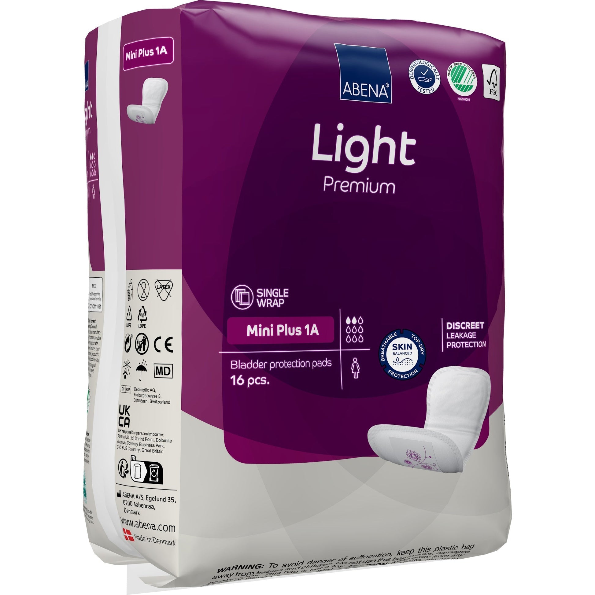 Light Premium Mini Plus 1A bladder pads package front and side panel, 16 pcs