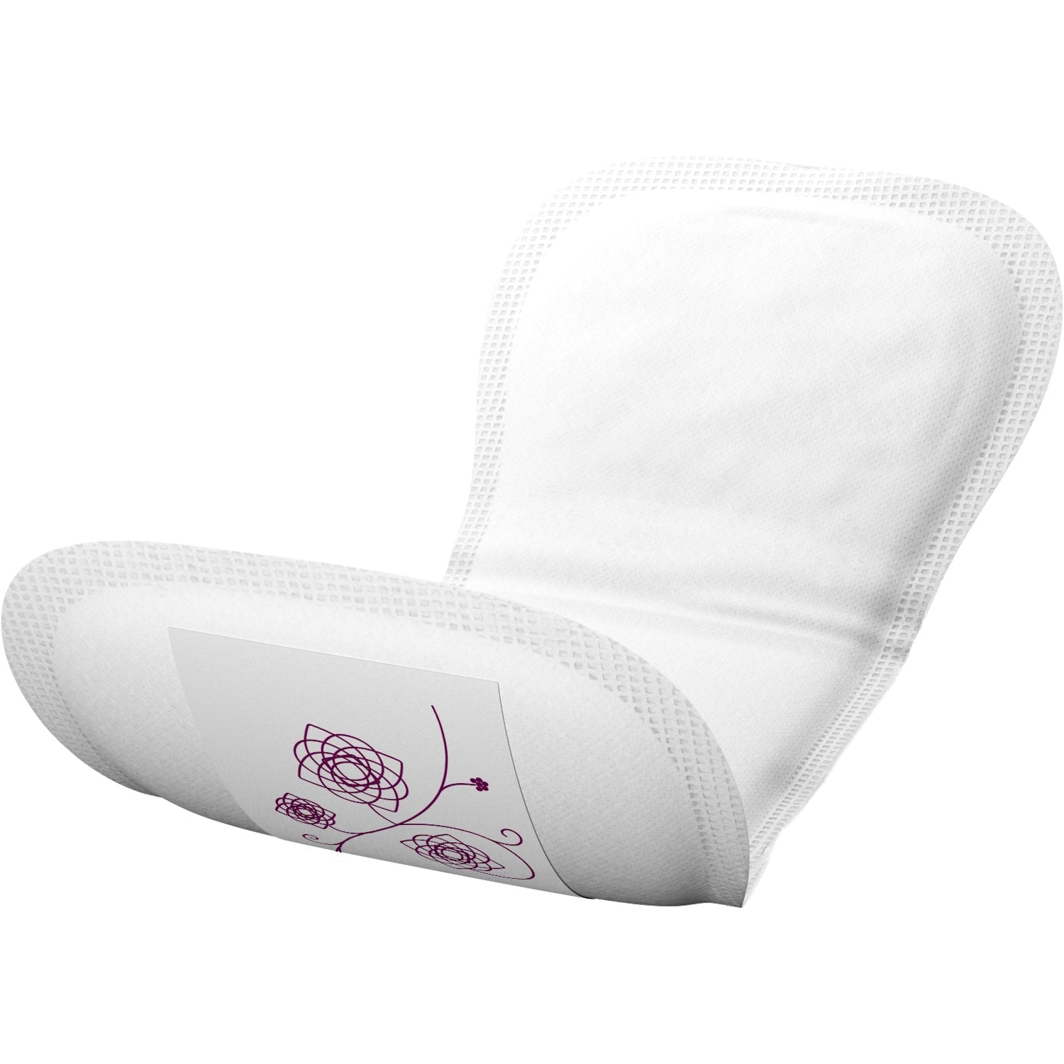 White disposable bladder control pads, curved absorbent shape with printed line art