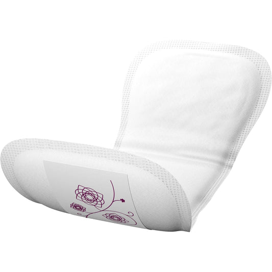 White disposable bladder control pads, curved absorbent shape with printed line art