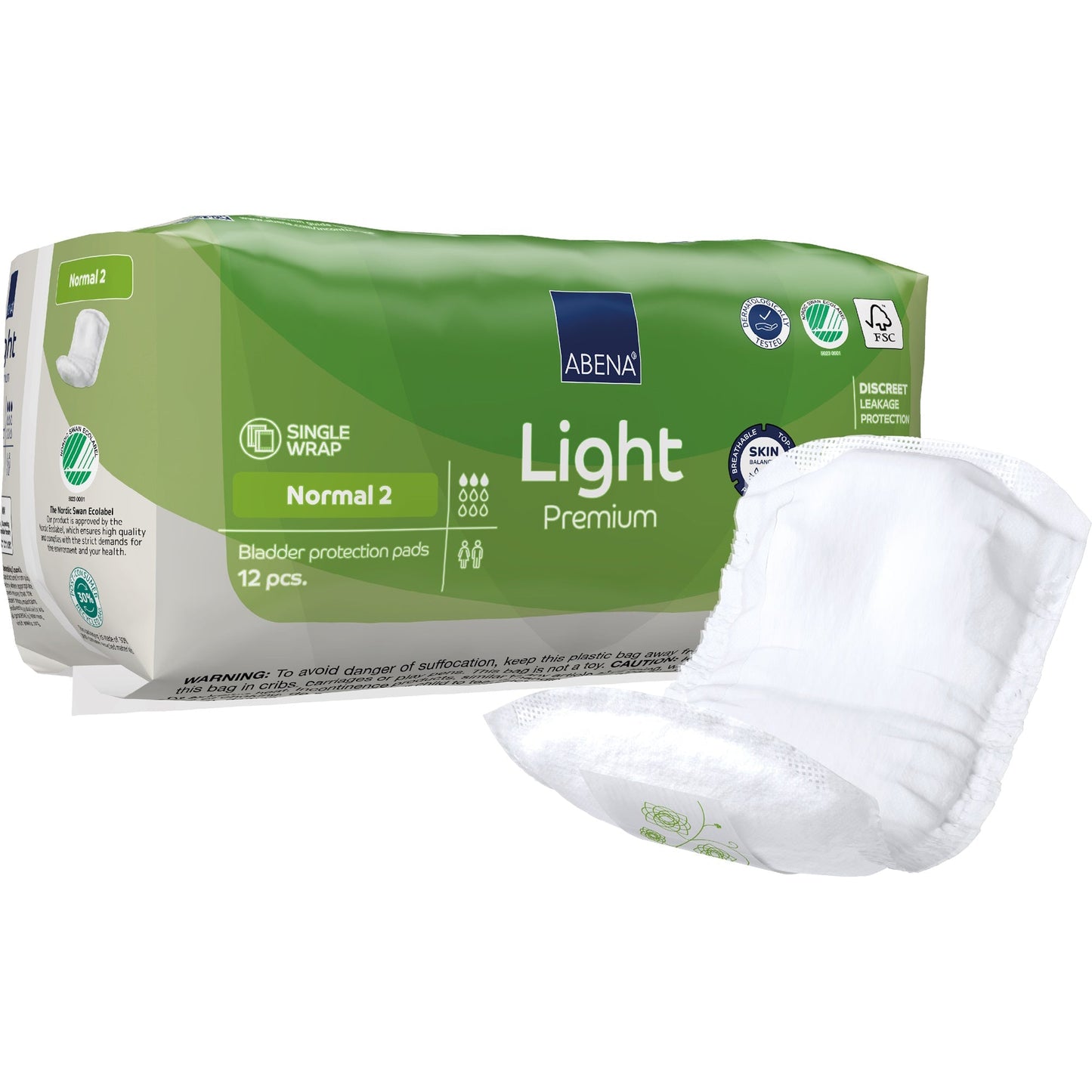 Abena Light Premium Normal 2 bladder control pads, 12 pcs, single wrap, with pad shown