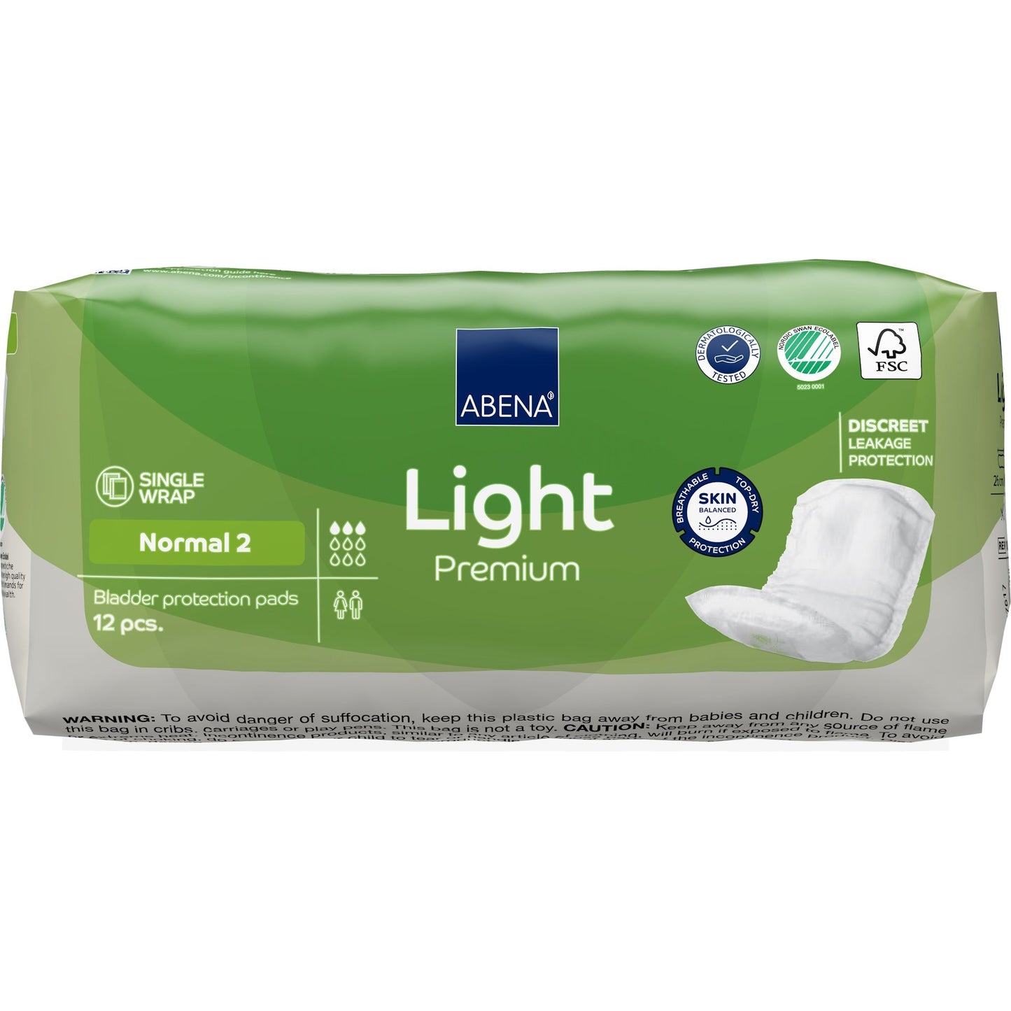 Light Premium Normal 2 bladder control pads, single wrap, discreet leakage protection, 12 pcs