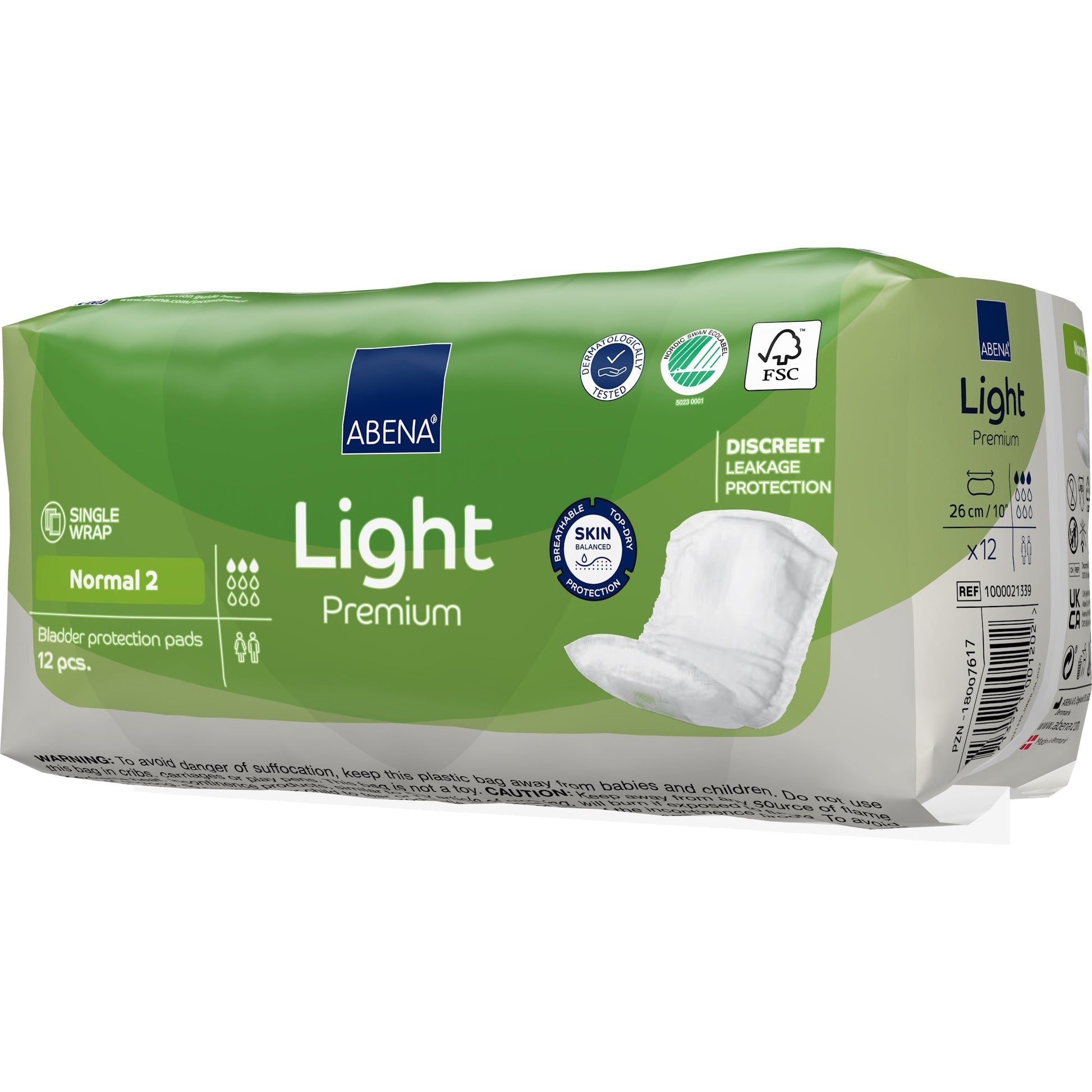 Light Premium Normal 2 bladder control pads pack, side view, 12 pcs, barcode label
