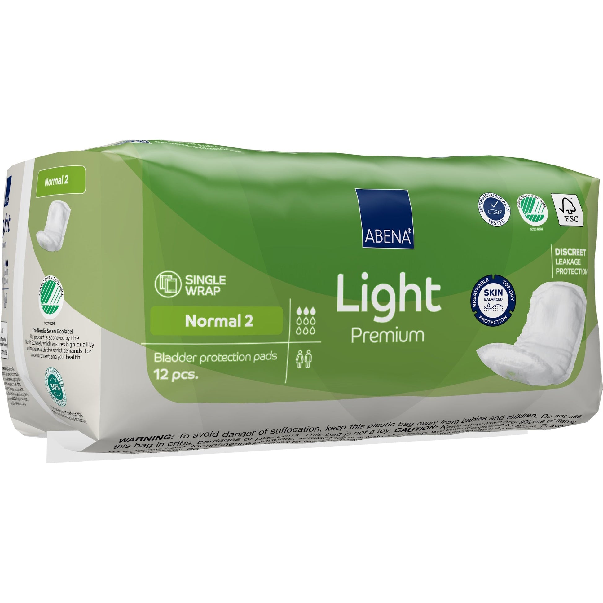 Light Premium Normal 2 bladder control pads pack, single wrap, 12 pcs, back panel