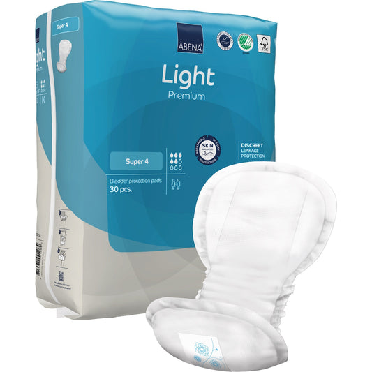 Light Premium Super 4 bladder control pads, pack of 30; white pad shown