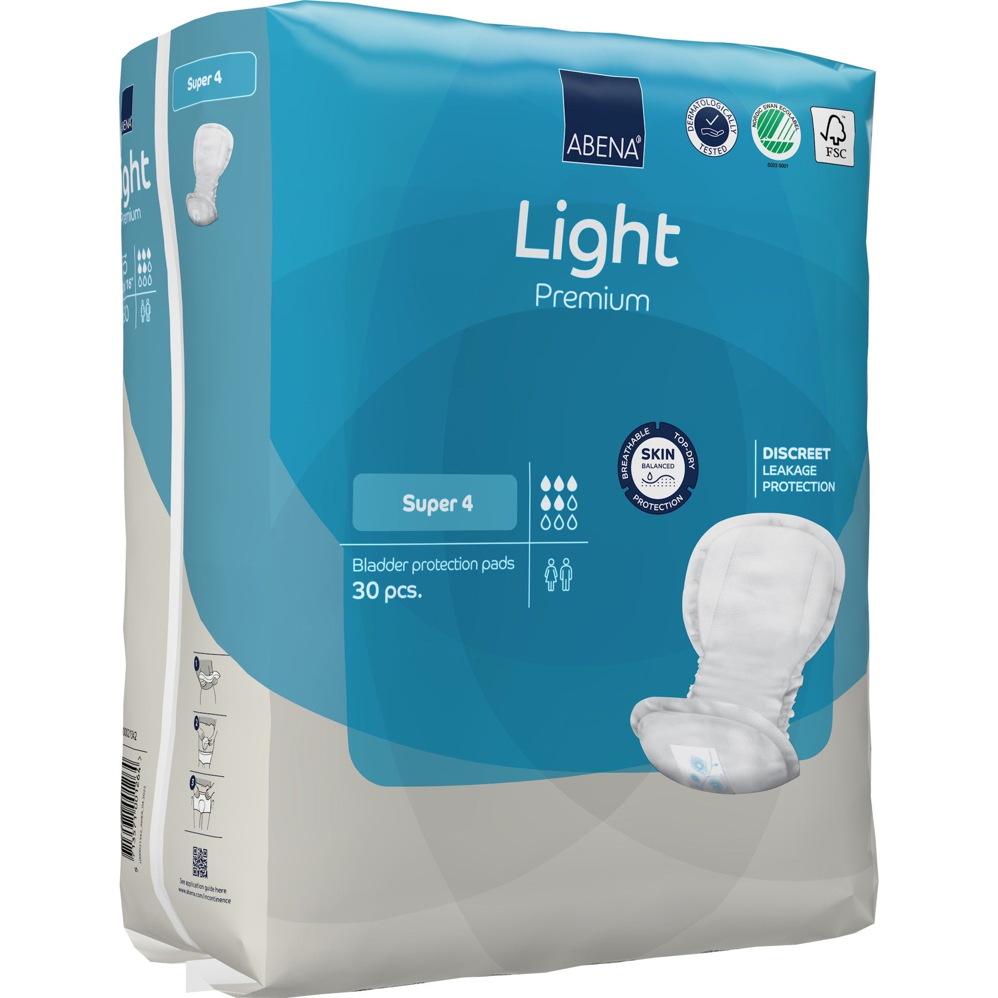 Light Premium Super 4 bladder control pads, pack of 30; box side with pad