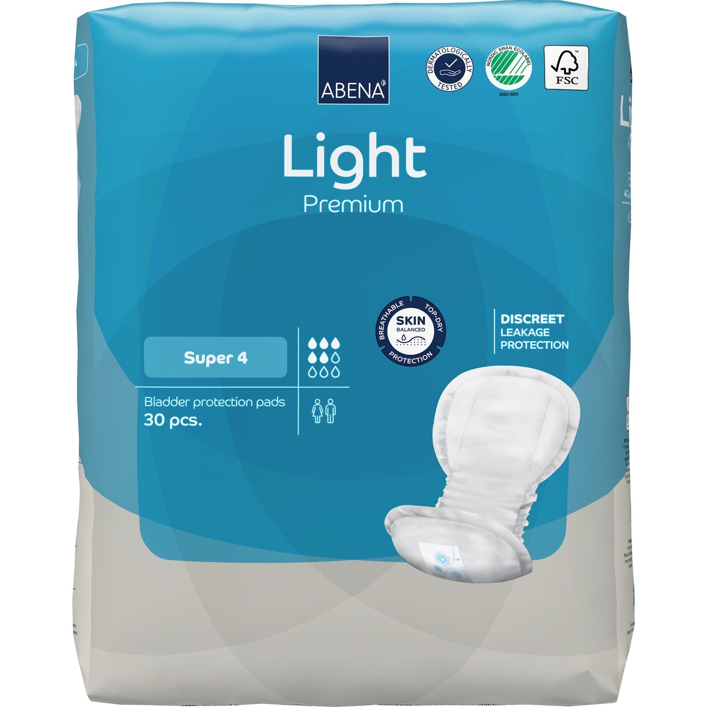 Light Premium Super 4 bladder control pads, pack of 30; box front with pad