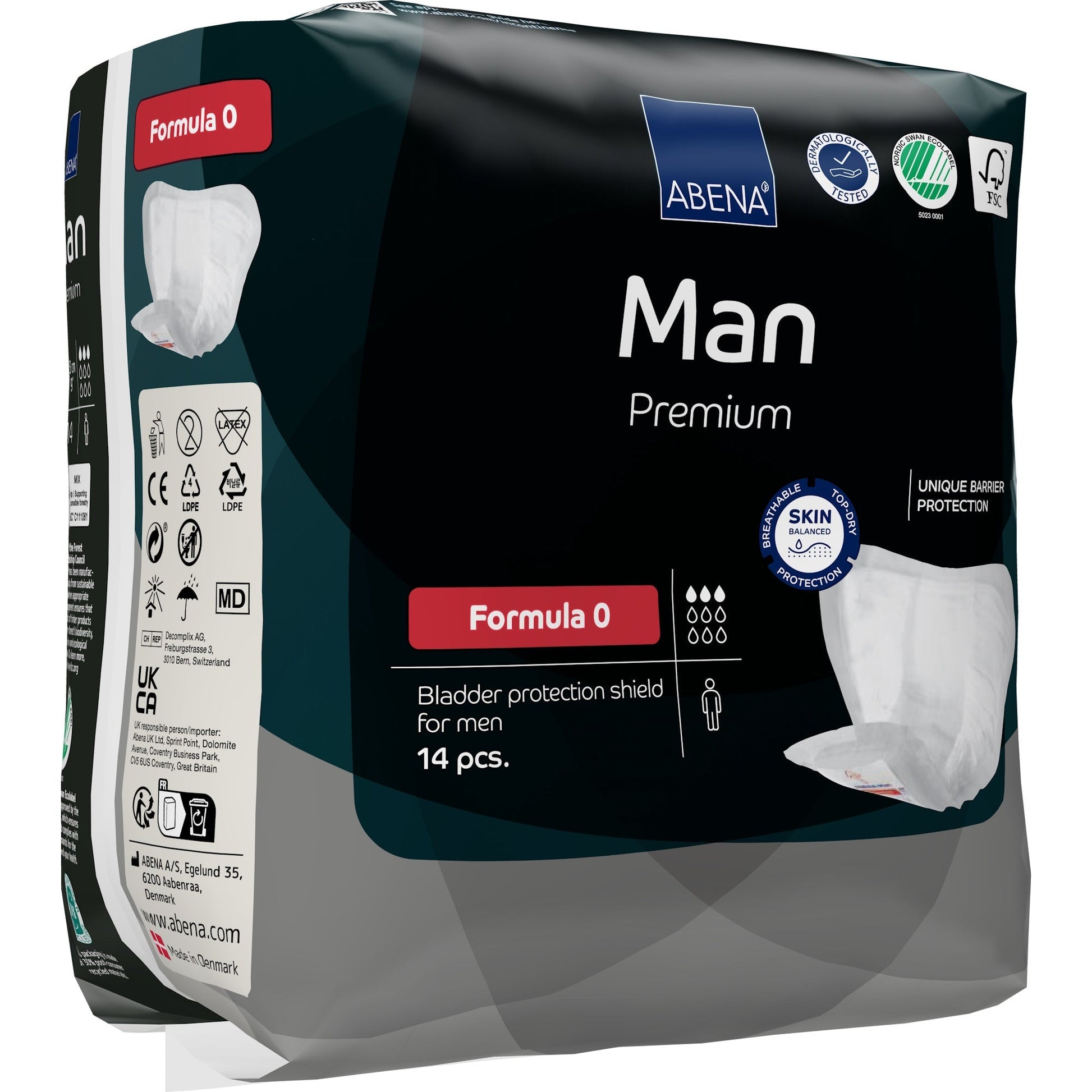 Men Formula 0 Premium insert pads, 14 pcs, packaging side panel and icons