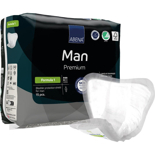 Abena Man Formula 1 insert pads, pack of 15 pieces, with one pad shown