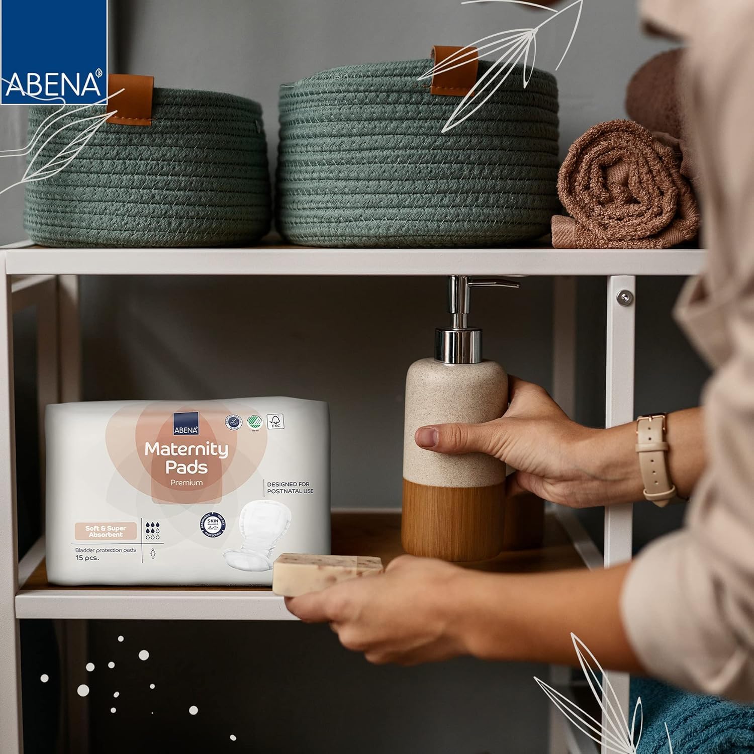 Premium maternity pads pack on shelf with individual pad partially visible