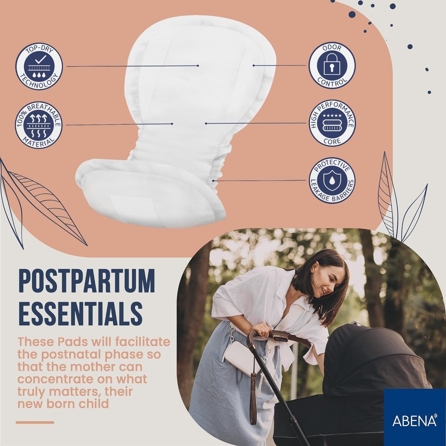 Postpartum essentials maternity pad with protection feature callouts