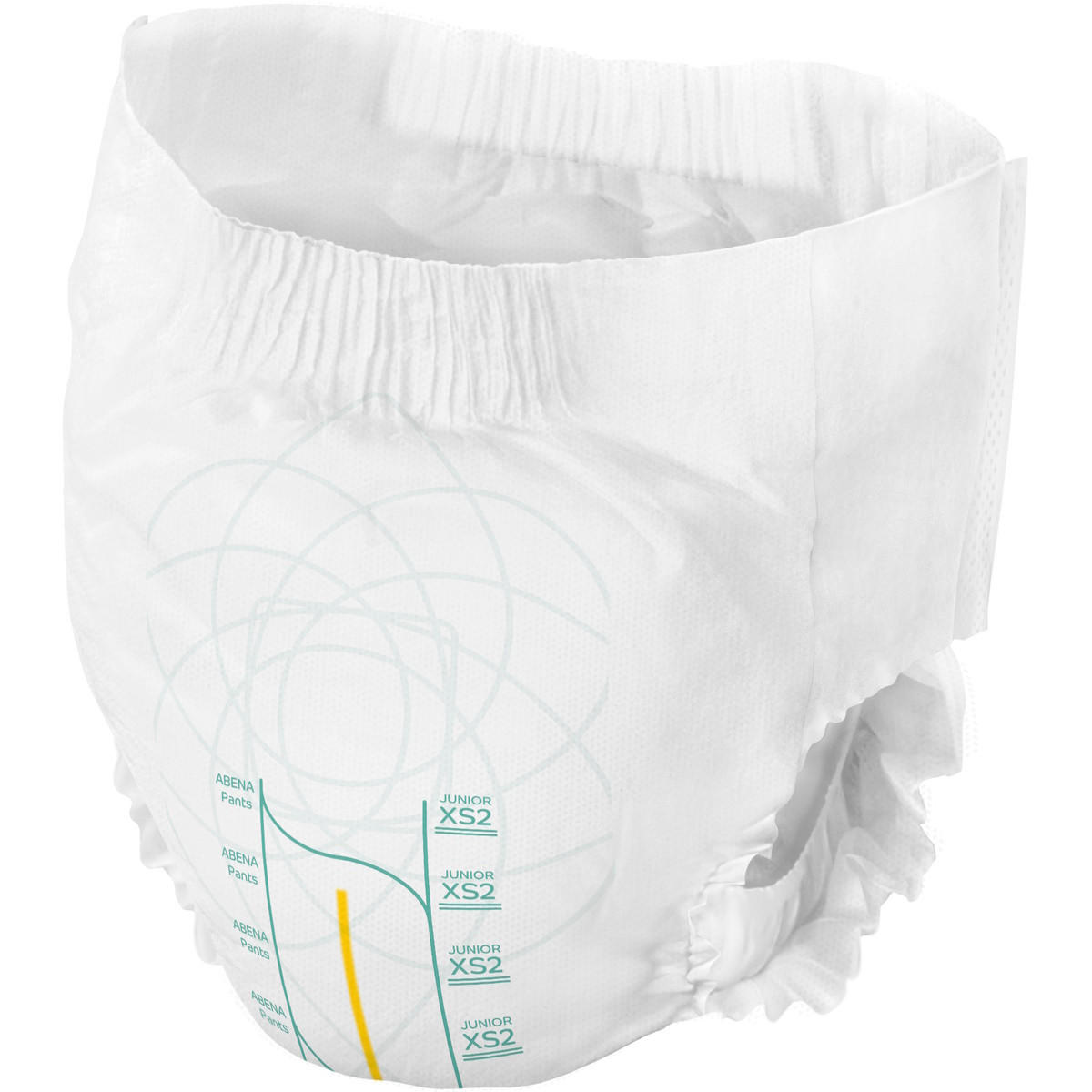 Disposable junior incontinence pull-up pants, XS2, white absorbent underwear close-up