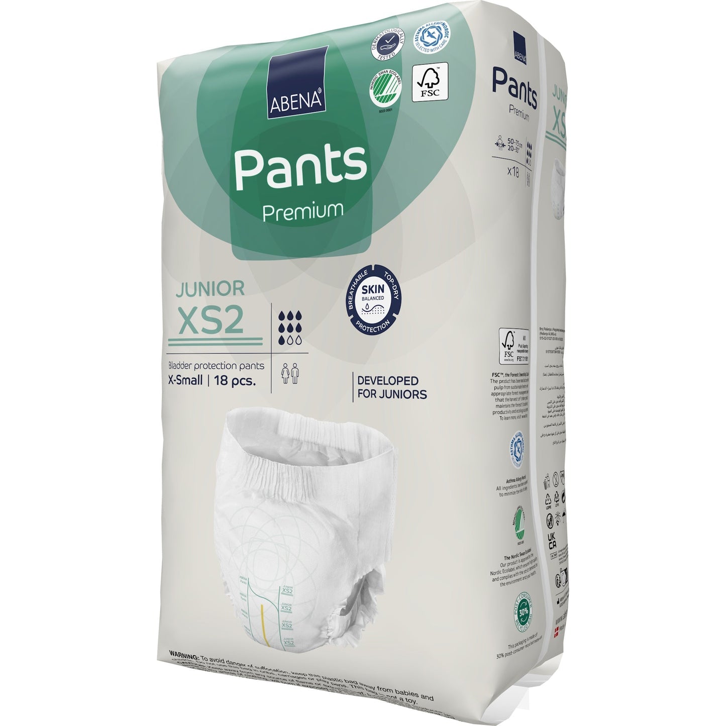 Junior incontinence pull-up pants XS2, white absorbent underwear pack, side panel view