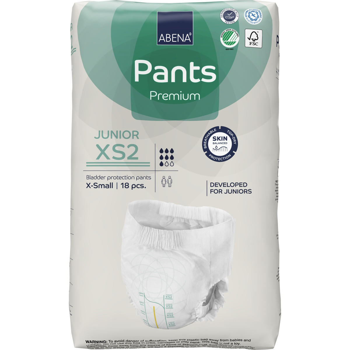 Junior incontinence pants, XS2 size, disposable pull-up underwear pack, back view