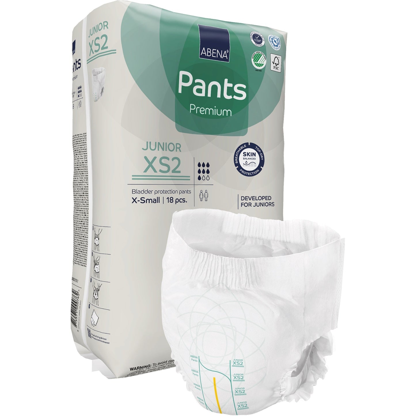 Junior incontinence pull-up pants, XS2 size, disposable absorbent underwear pack