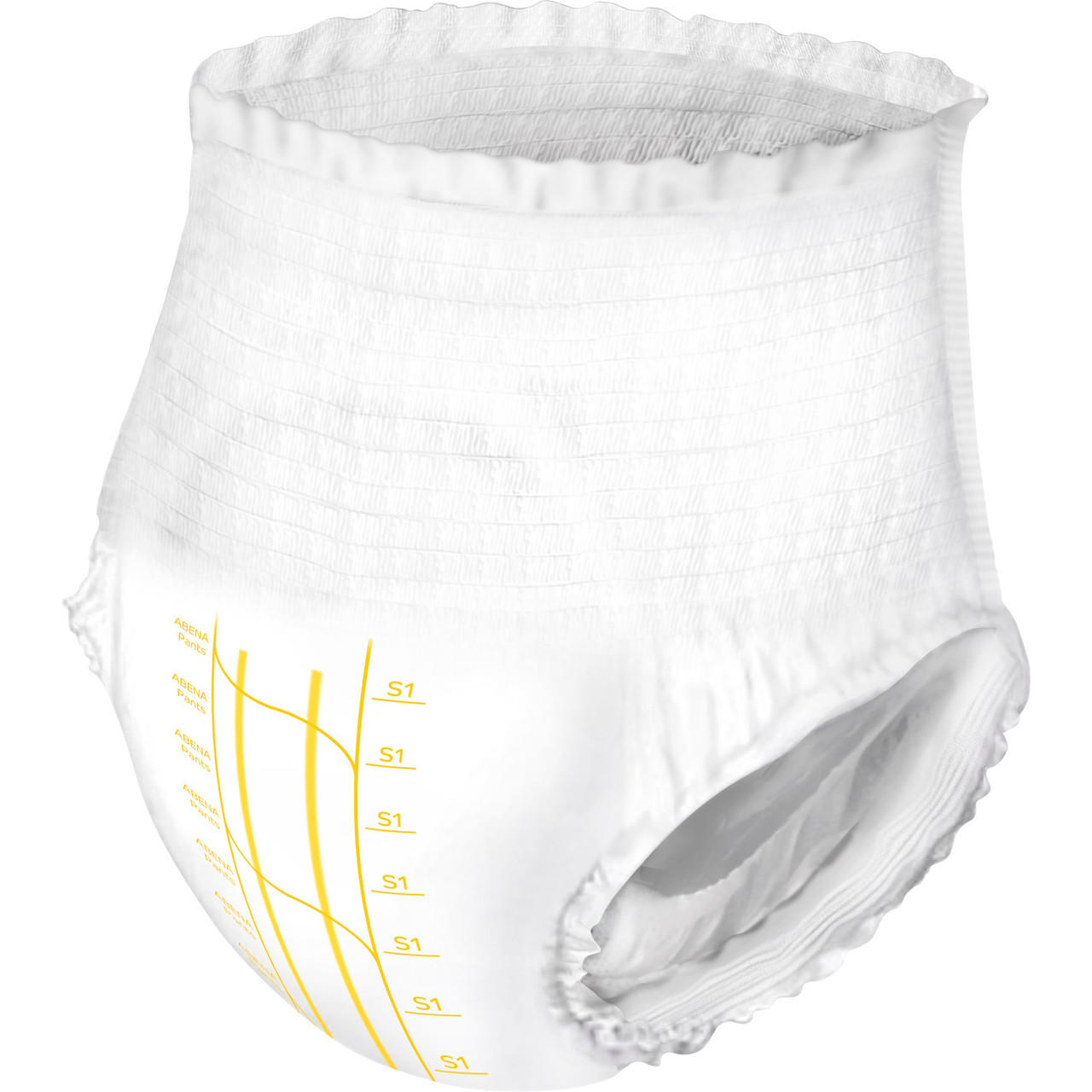 White pull-on incontinence underwear with waist elastic, size S1, side view