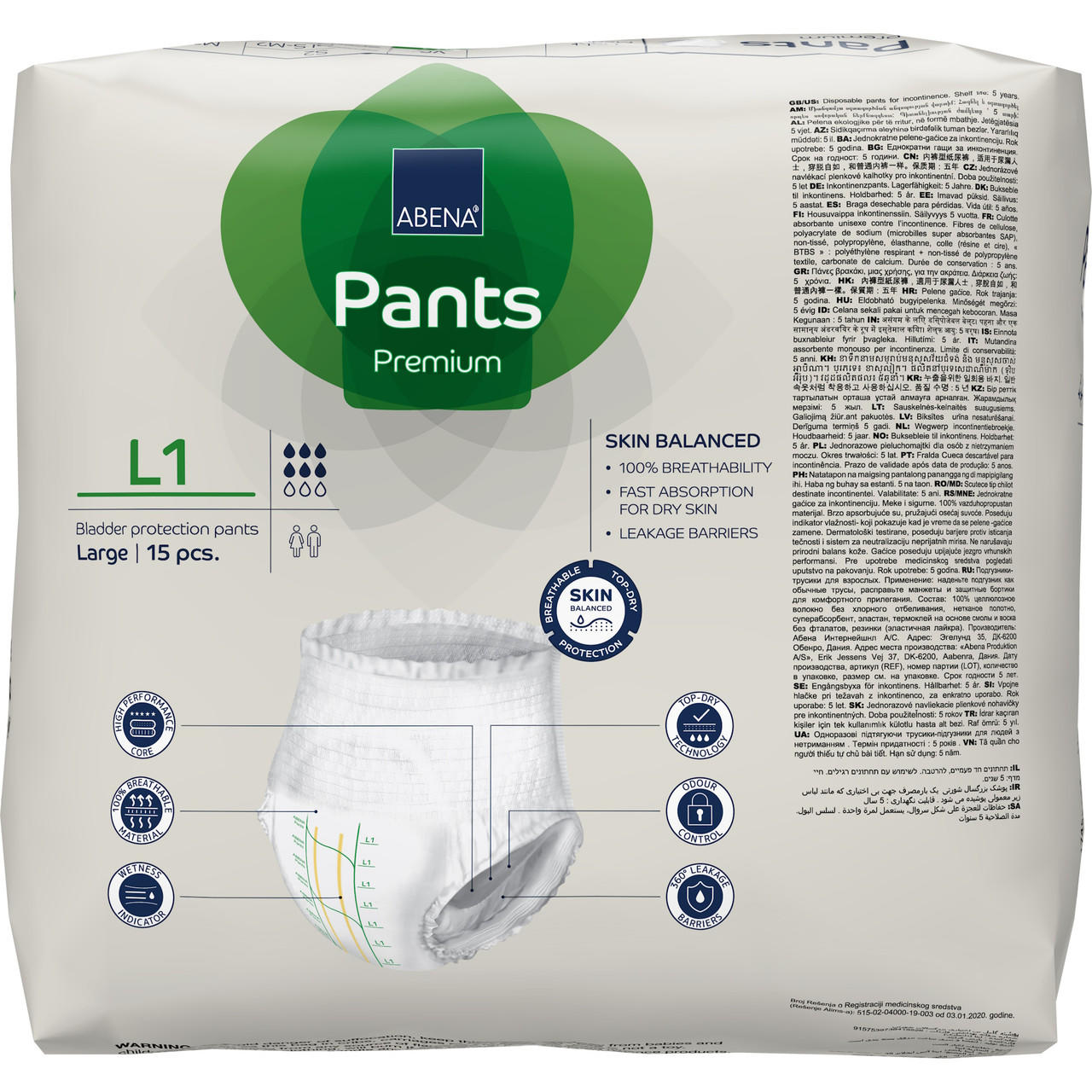 Pants Premium pull-on underwear, L1 Large, 15-count with skin-balanced claims