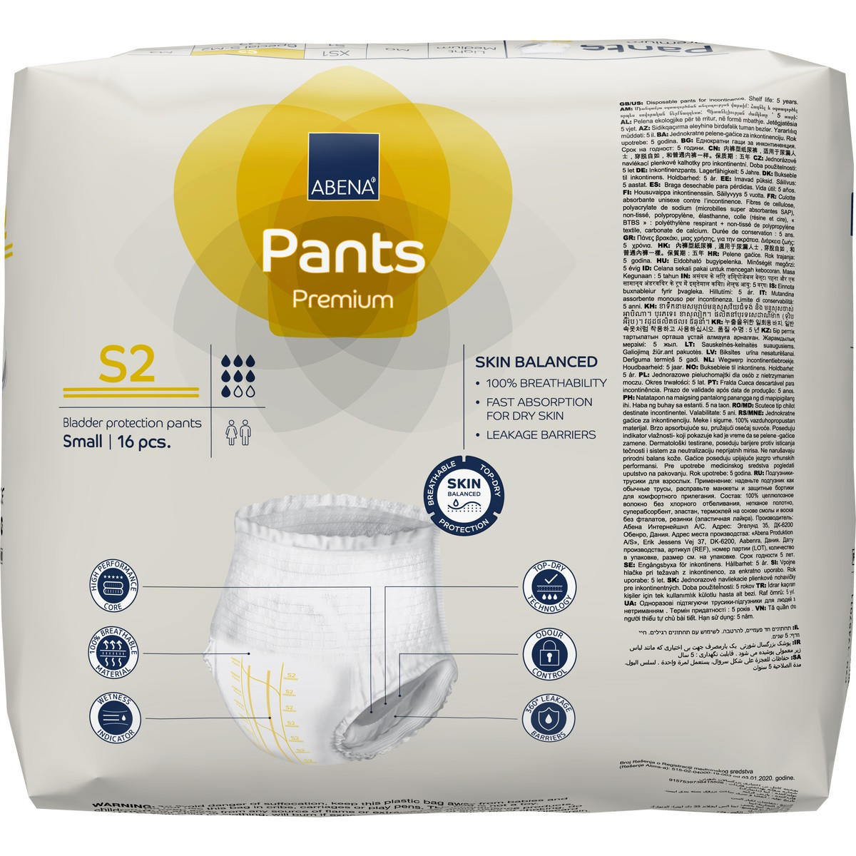 Abena Premium pull-on pants level 2, small (S2), skin balanced, leakage barriers.