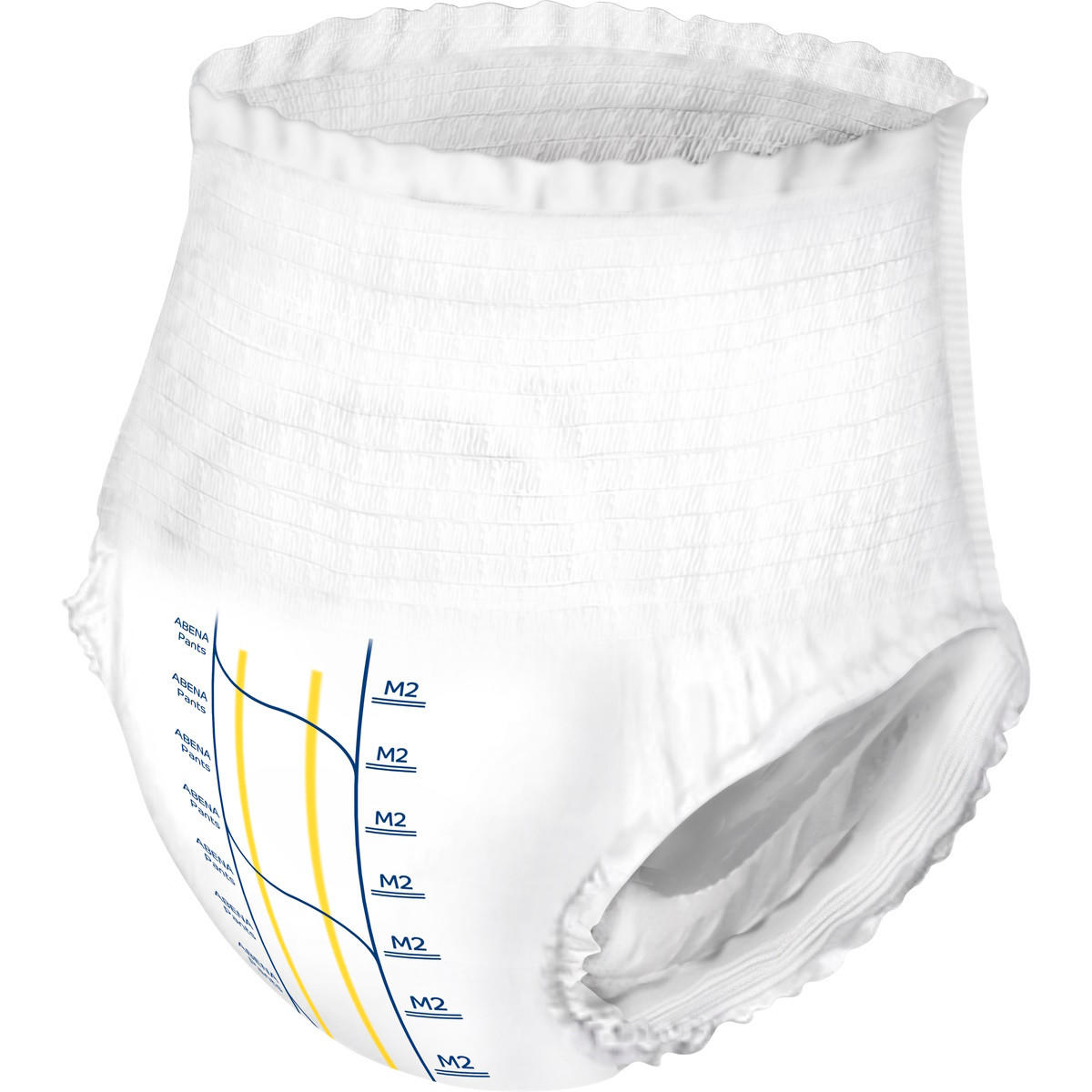 White Abena Premium level 2 pull-on pants, medium (M2) with blue size markings.