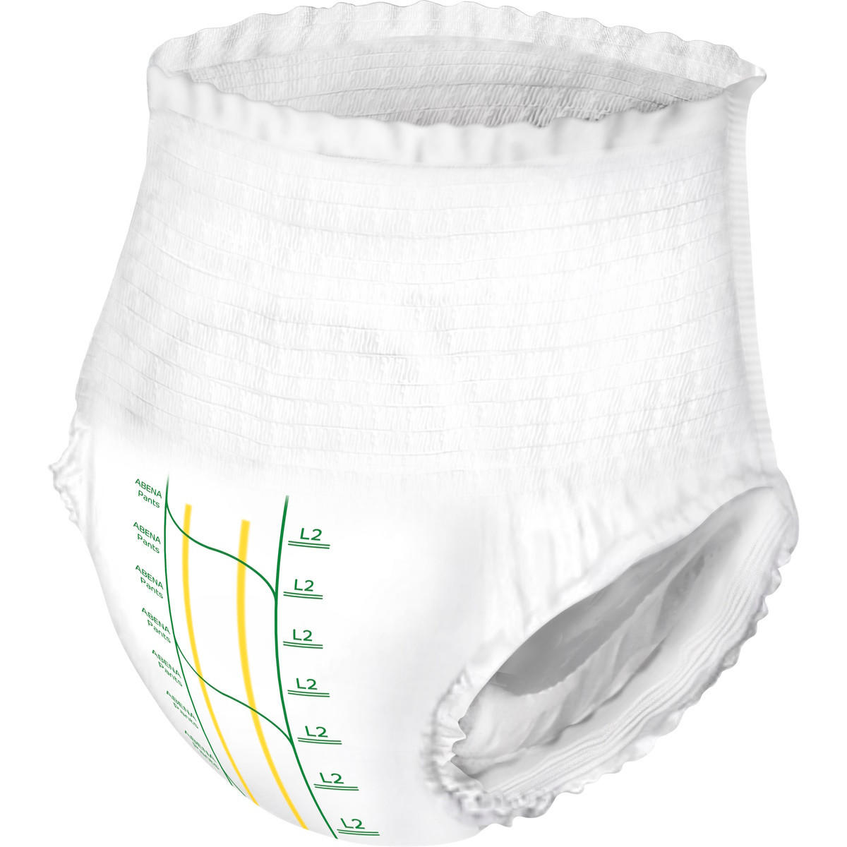 White Abena Premium level 2 pull-on pants, large (L2) with green size markings.